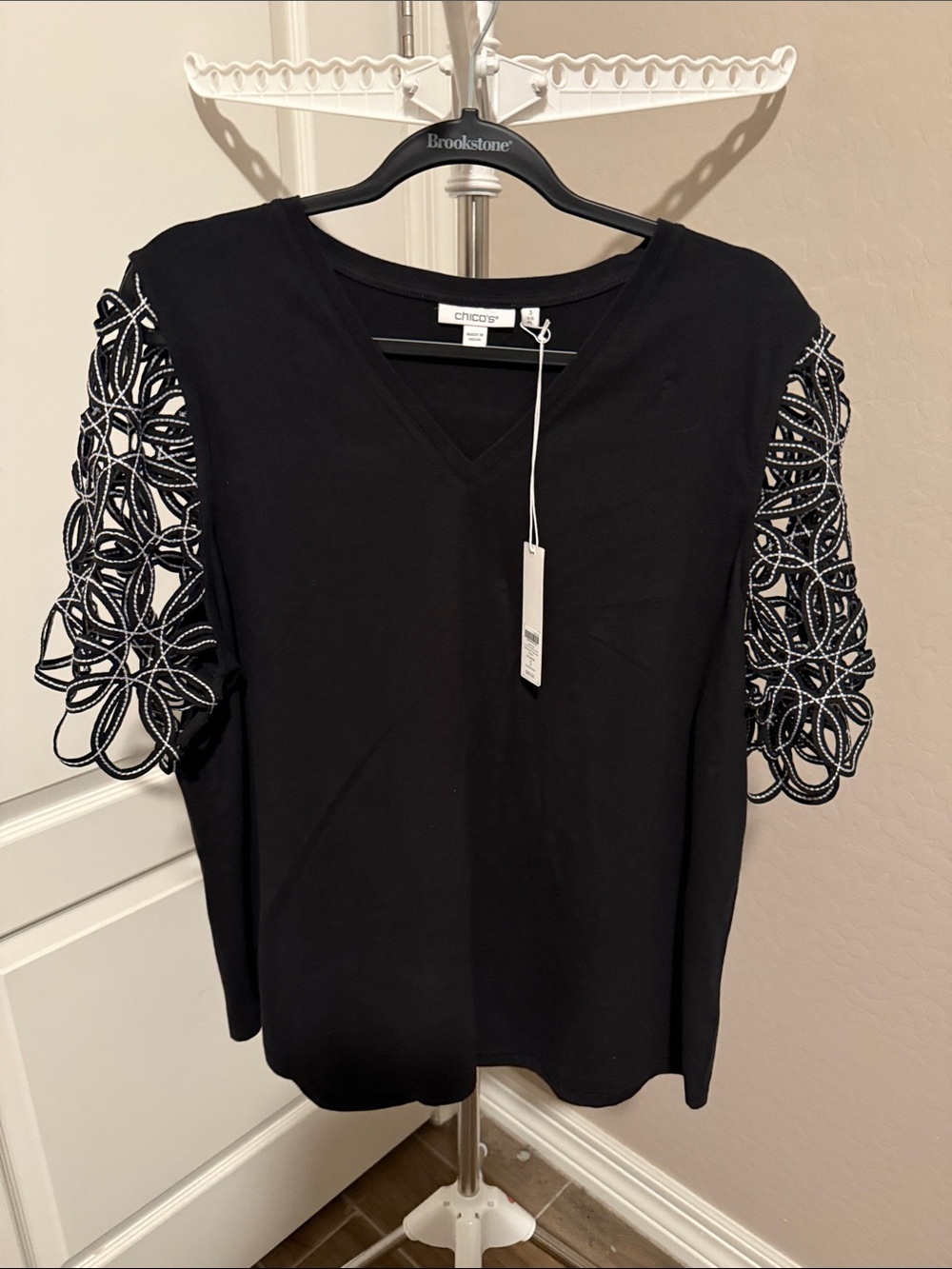 Chico's Black V-Neck Top with Floral Lace Crochet Puff Sleeves